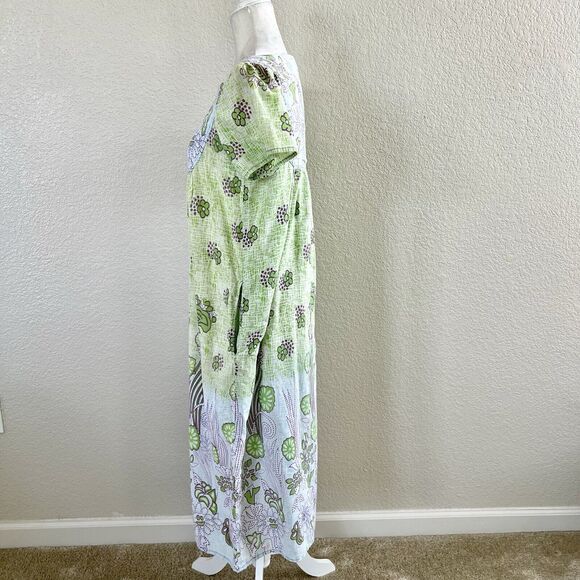 Vintage Loungees Small Green Blue Floral Mumu House Sleep Dress Kaftan Pockets - Picture 9 of 11